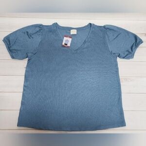 Mod Ref V Neck Short Puff Sleeve Knit Top in Blue XL - New With Tags